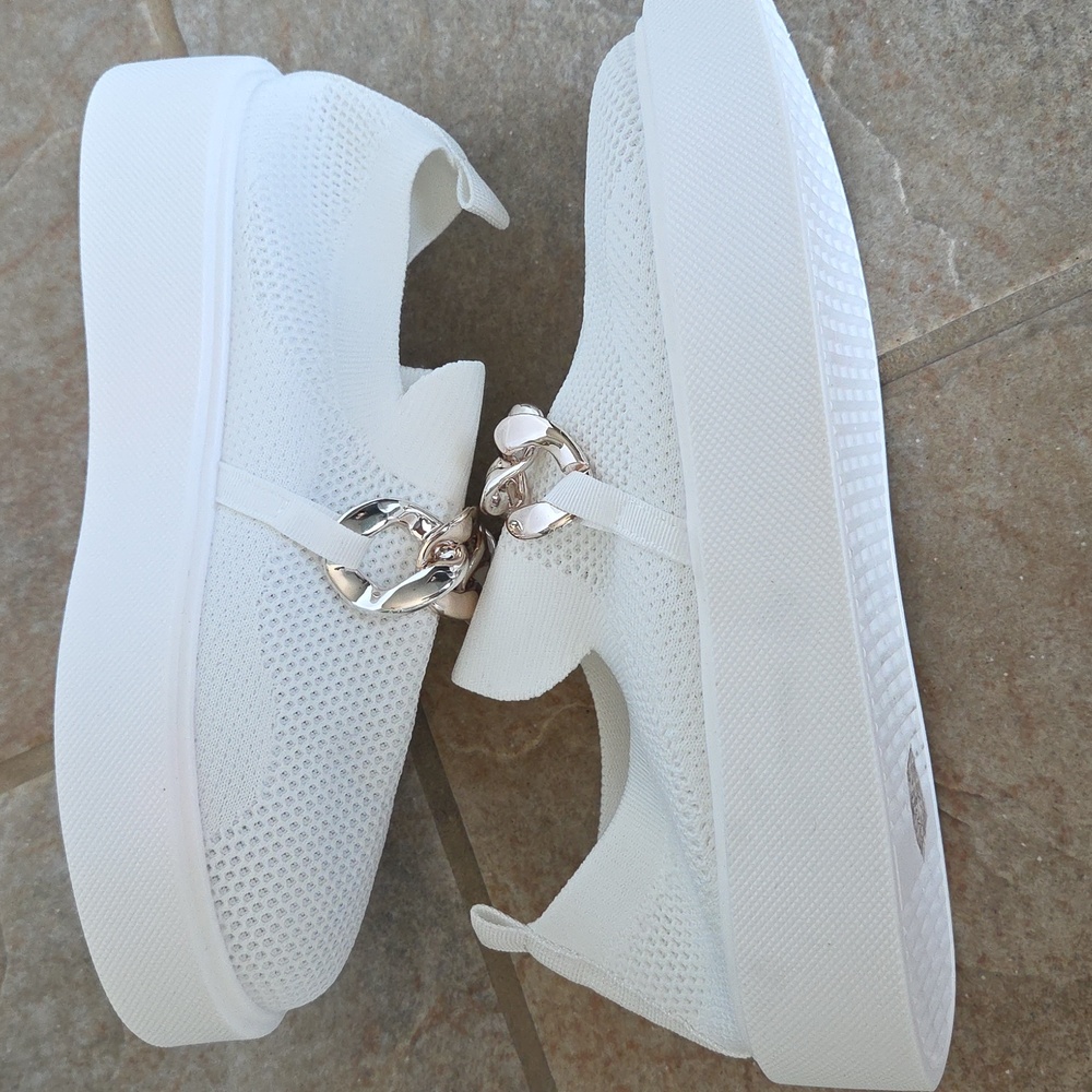 White Mesh Slip-On Sneakers Silvertone Chain Detail Chunky Wedge NWOT Sz 10 - Picture 7 of 17